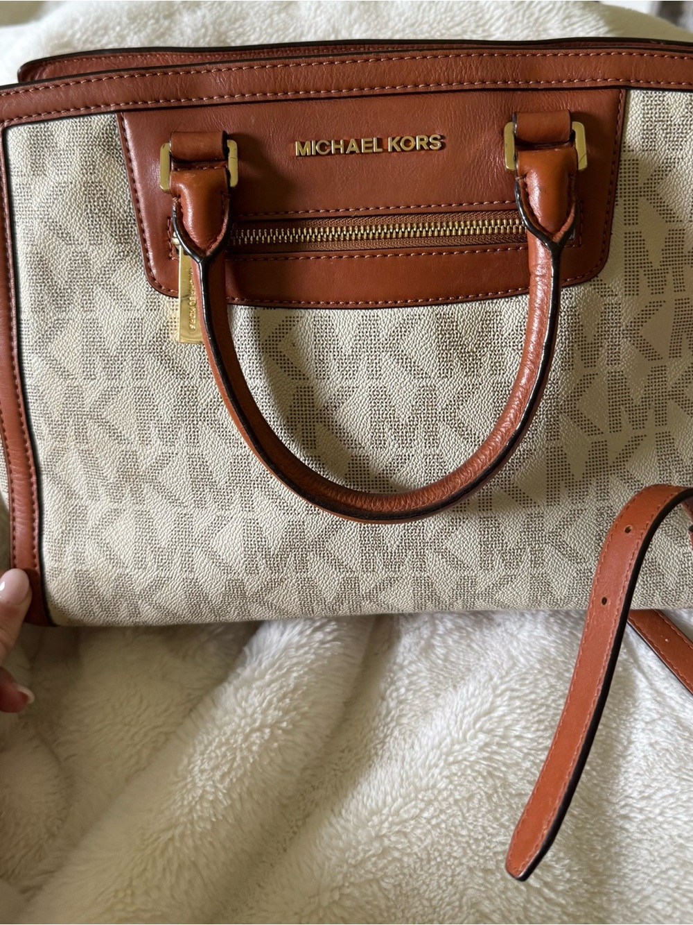 Michael Kors Cream Signature Satchel with Brown Trim